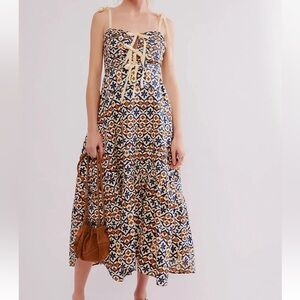 NEW Free People Palma smocked ruched ribbon tie strap poplin printed midi dress